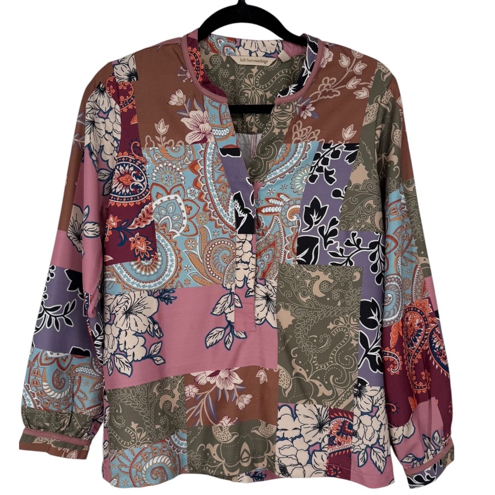 Soft Surroundings Womens Alvadore Fleur Patchwork Floral Tunic Top Size Small